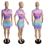 EVE Sexy Striped Short Sleeve Split Mini Dress MUKF-039