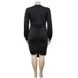 EVE Plus Size Sexy Deep V Ruched Long Sleeve Bodycon Dress NNWF-7242