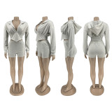 EVE Solid Hooded Long Sleeve Two Piece Shorts Set ZNF-9100