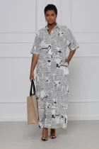 EVE Plus Size Newspaper Print Short Sleeve Maxi Shirt Dress SFY-2129