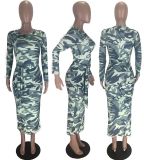 EVE Camouflage Print Long Sleeve Sashes Long Dress YYGF-10833