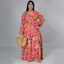 EVE Plus Size Floral Print High Waist Big Swing Split Maxi Dress NNWF-7262