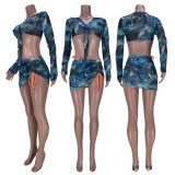 EVE Floral Print Long Sleeve Mini Skirt 3 Piece Sets MDF-5225
