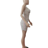 EVE Sexy Striped V Neck Sleeveless Backless Mini Dress FST-FA7187