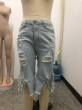 EVE Plus Size Denim Ripped Hole Tassel High Waist Half Length Jeans HSF-2516