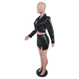 EVE PU Leather Long Sleeve Top Mini Skirt 2 Piece Sets BS-1282