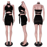 EVE Sexy Cross Halter Neck Tie-UP Slit Skirt Suit ASL-6380