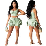 EVE Solid Tank Top Ruffled Shorts Two Piece Sets ASL-6353