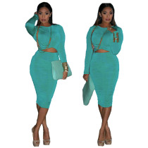 Solid Long Sleeve Ruched Hollow Midi Dress MDUO-M004