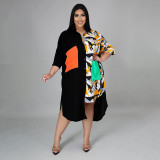 EVE Plus Size Casual Patchwork Long Sleeve Shirt Dress BMF-073