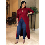 EVE Plus Size 5XL Solid Color Sexy Hollow Out Split Long Top ASL-7008