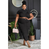 EVE Plus Size Fashion Solid Color Ruched Short Sleeve Long Skirt Suits ASL-7029