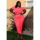 EVE Plus Size Fashion Solid Color Ruched Short Sleeve Long Skirt Suits ASL-7029