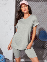 Casual Solid V Neck T Shirt And Shorts 2 Piece Sets LSD-8854