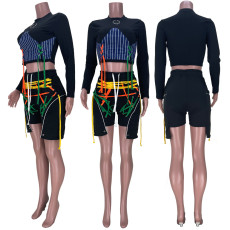 Casual Webbing Bandage Long Sleeve 2 Piece Shorts Set MDF-5251