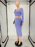 EVE Solid Backless Long Sleeve Crop Top Split Skirt 2 Piece Sets NLAF-6088