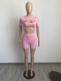 EVE Solid Short Sleeve Hollow Bodysuit+Shorts 2 Piece Sets FSL-F168