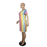 EVE Rainbow Stripe Print V Neck Short Sleeve Loose Dress CHY-1334