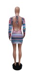EVE Colorful Striped Long Sleeve Backless Mini Dress YUEM-66722