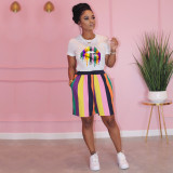 EVE Lip Print T Shirt And Striped Shorts 2 Piece Sets TE-4317