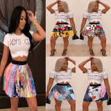 EVE Casual Printed T Shirt Pleated Mini Skirt 2 Piece Sets YNB-7212