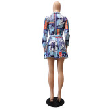 EVE Sexy Printed Shirt Top+Pleated Mini Skirt 2 Piece Sets CM-2149