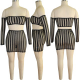 EVE Sexy Mesh Striped Shiny Long Sleeve Mini Skirt 2 Piece Sets TE-4319