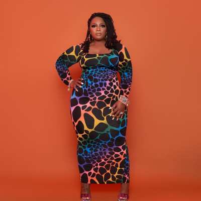 EVE Plus Size Casual Printed Long Sleeve Maxi Dress YAOF-80058