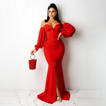 EVE Sexy Solid Off Shoulder Split Maxi Evening Dress SFY-2131