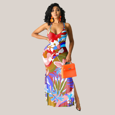 EVE Floral Printed Sleeveless Backless Split Maxi Dress HNIF-HN025