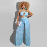 EVE Sexy Printed Wrap Chest Top Wide Leg Pants 2 Piece Suits HNIF-HN005