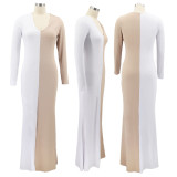 EVE Plus Size Patchwork V Neck Long Sleeve Maxi Dress HNIF-HN042