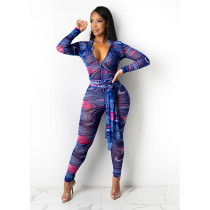 EVE Sexy Mesh Printed Zipper Long Sleeve Sashes Jumpsuit YUEM-66143