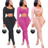 EVE Solid Ruched Long Sleeve Split Pants 2 Piece Sets YIY-5307