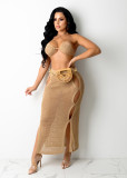 EVE Sexy Knitted Bra Top Long Skirt Hollow Out 2 Piece Sets ZSD-0117