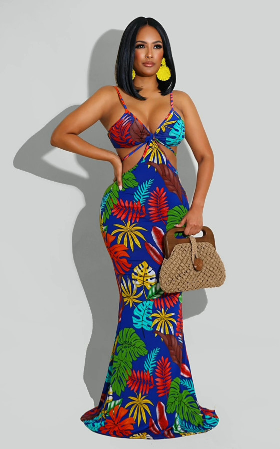 EVE Sexy Printed Spaghetti Strap Hollow Mermaid Maxi Dress MZ-2649