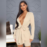 EVE Solid Sashes Blazer Coat +Shorts Two Piece Suits ASL-6505