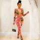 EVE Sexy Printed Deep V Long Sleeve Sashes Jumpsuit OM-1263