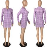 EVE Plaid Long Sleeve Zipper Mini Dress LM-8278