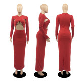 EVE Sexy Solid Long Sleeve Hollow Slim Maxi Dress DDF-88122