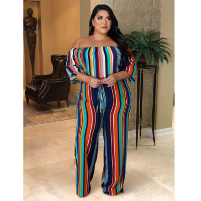 EVE Plus Size Colorful Striped Slash Neck Jumpsuit ASL-7053