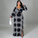 EVE Plus Size Printed V Neck Long Sleeve Maxi Dress NNWF-7310