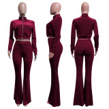 EVE Solid Velvet Zipper Long Sleeve Top Flare Pants 2 Piece Suits NIK-263