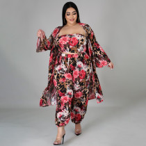 EVE Plus Size Floral Print Tube Top+Long Cloak+Pants 3 Piece Sets NNWF-7303