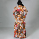 EVE Plus Size Printed V Neck Long Sleeve Maxi Dress NNWF-7310