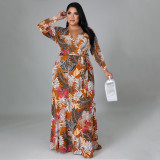 EVE Plus Size Printed V Neck Long Sleeve Maxi Dress NNWF-7310