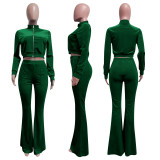 EVE Solid Velvet Zipper Long Sleeve Top Flare Pants 2 Piece Suits NIK-263