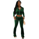 EVE Solid Velvet Zipper Long Sleeve Top Flare Pants 2 Piece Suits NIK-263