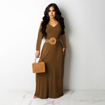 EVE Plus Size Solid V Neck Long Sleeve Maxi Dress (Without Belt) HNIF-054