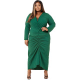 EVE Plus Size Solid Long Sleeve V Neck Ruched Maxi Dress YMEF-5037